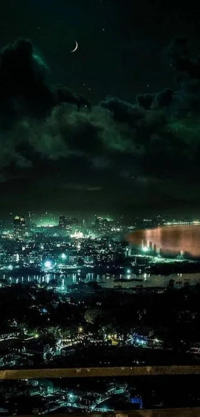 Night cityscape with moonlit skyline and glowing lights against dark sky.