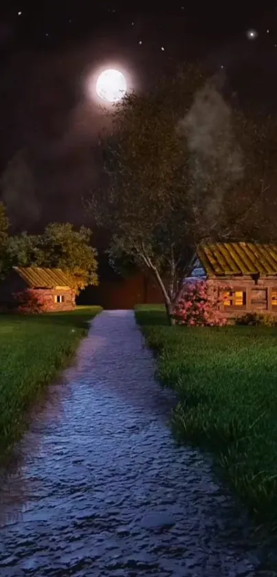 Moonlit path leading to cottages at night, surrounded by lush greenery.