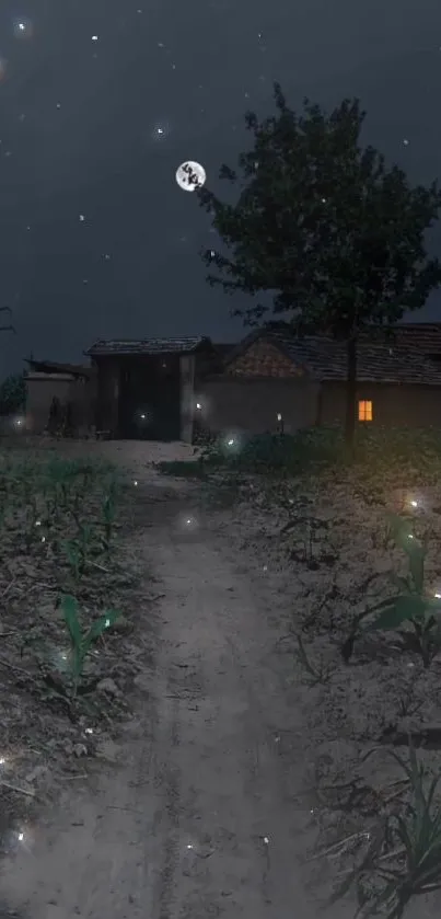 Tranquil farmhouse under a starry night sky with glowing moon and stars.