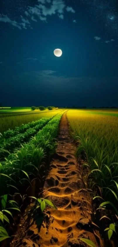 Night field path illuminated by the moon, showcasing lush greenery.