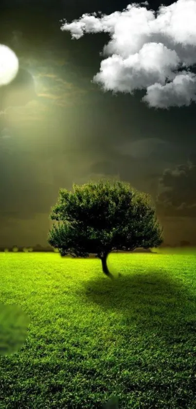 Lone tree under moonlit cloudy night sky on green field.