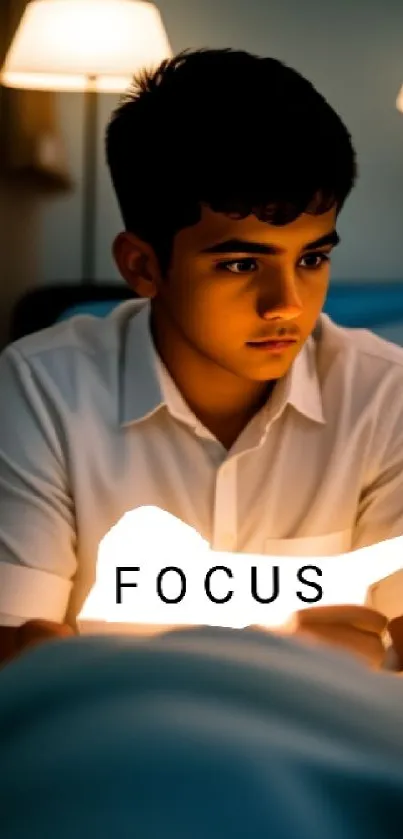 A young person focusing in a dimly lit room with a serene atmosphere.