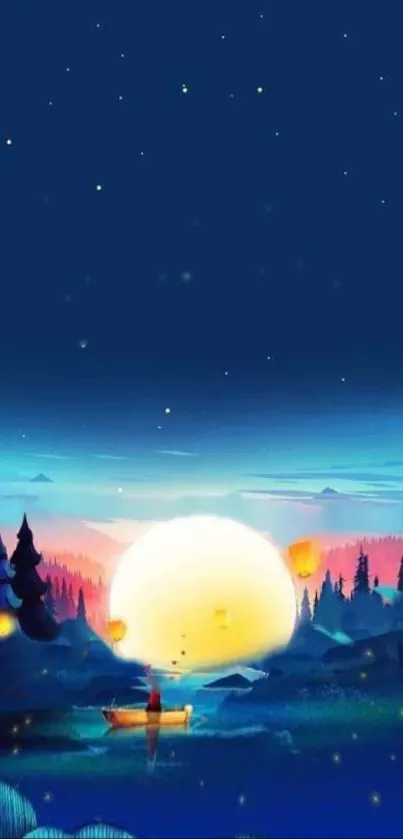 Serene wallpaper with a forest, moon, and starry night sky.