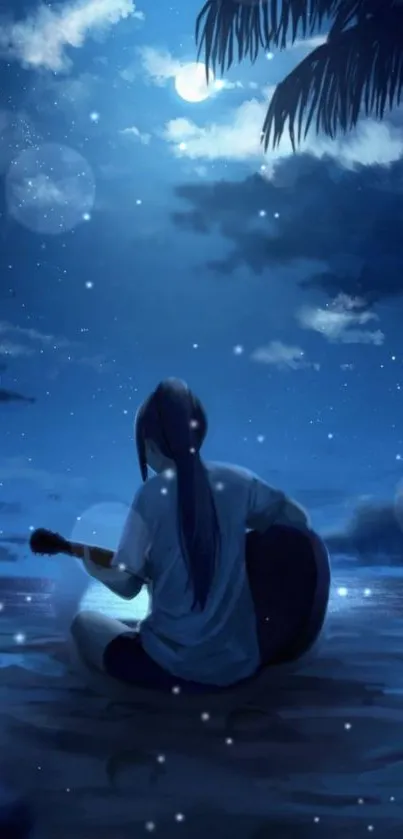 Person playing guitar under a starry sky on a beach at night; serene and tranquil.