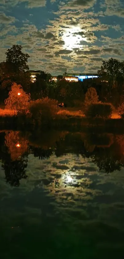 Moonlit night reflecting on a serene lake with surrounding trees.