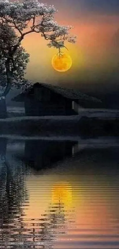 Serene night lake with moonlit cabin and tree reflection under a colorful sky.