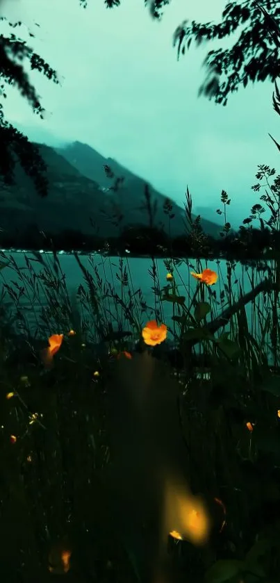 Lakeside night view with glowing fireflies and mountains.