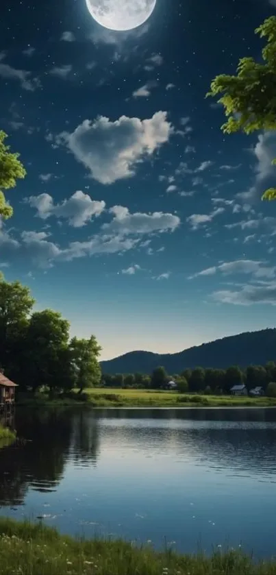 Serene lake view at night with starry sky and moonlight reflection.