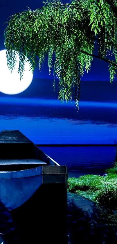 Tranquil night scene with a moonlit lake and boat.