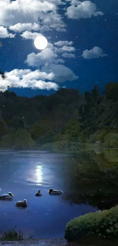 A serene night scene with a moonlit lake and ducks.