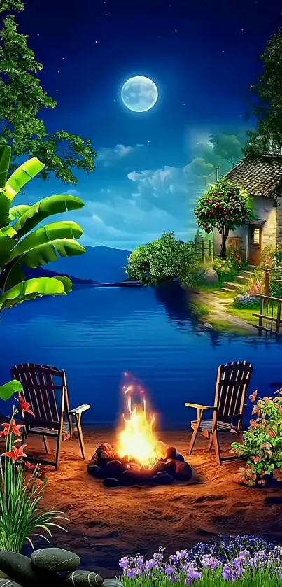 Night lakeside wallpaper with campfire and moonlit sky.