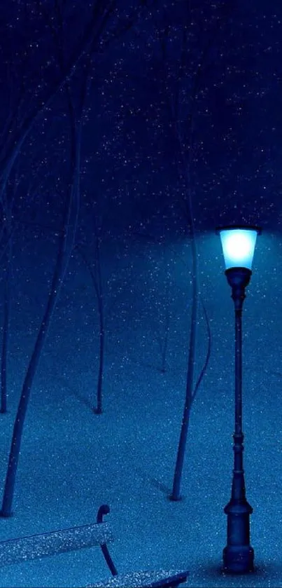 Serene night scene with a glowing street lamp in a tranquil park.