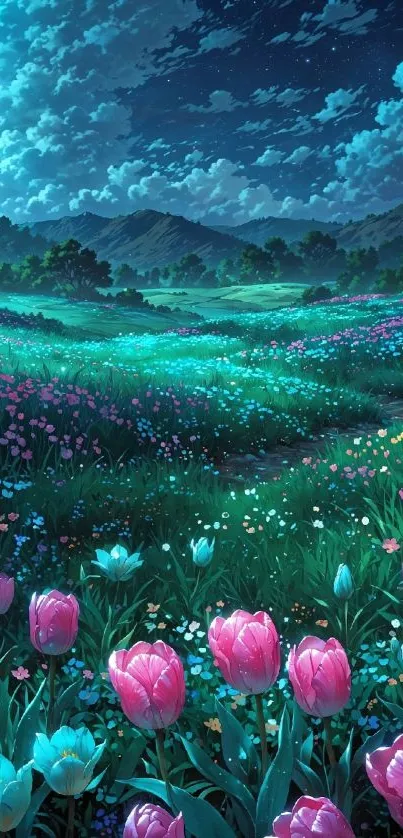 Serene landscape with tulips under a starry night sky.