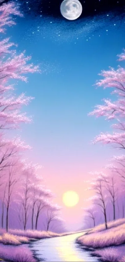 Serene landscape with pink trees and a moonlit sky.