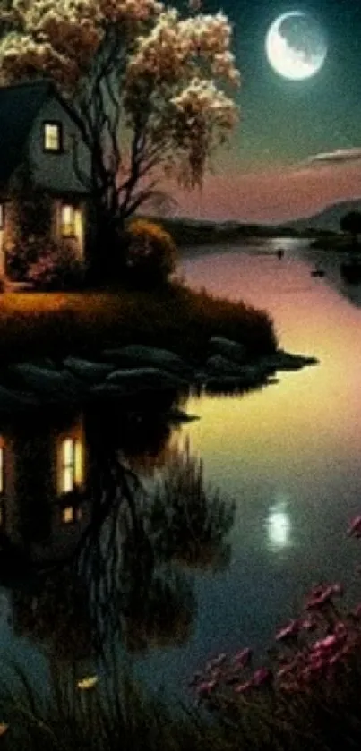 Calm night view with moonlit lake and cottage reflection.