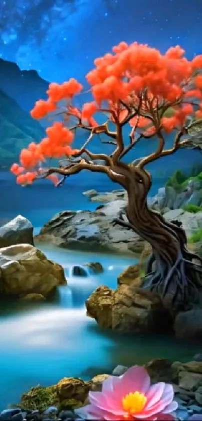 Serene landscape with coral tree and lotus on a starry night.