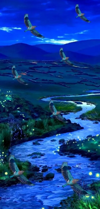 Serene night landscape with river, fireflies, and birds under a starry sky.