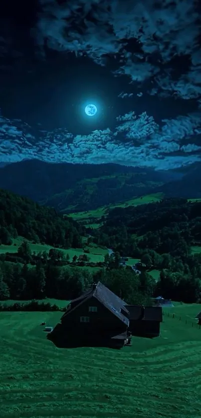 A calm night landscape with a moonlit valley and a distant country house.