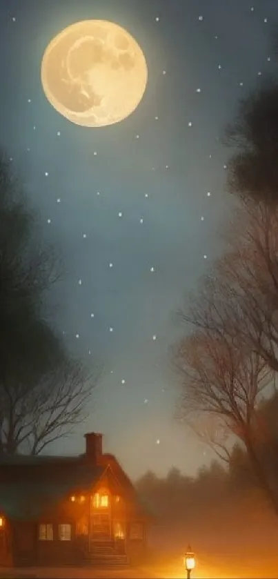 Moonlit night over a cabin with trees and starry sky.