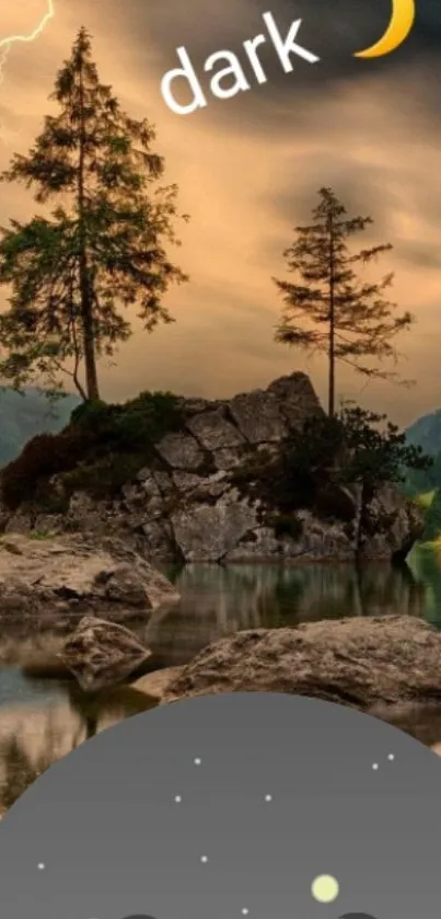 Serene night landscape with trees and rocky island under a dark sky.