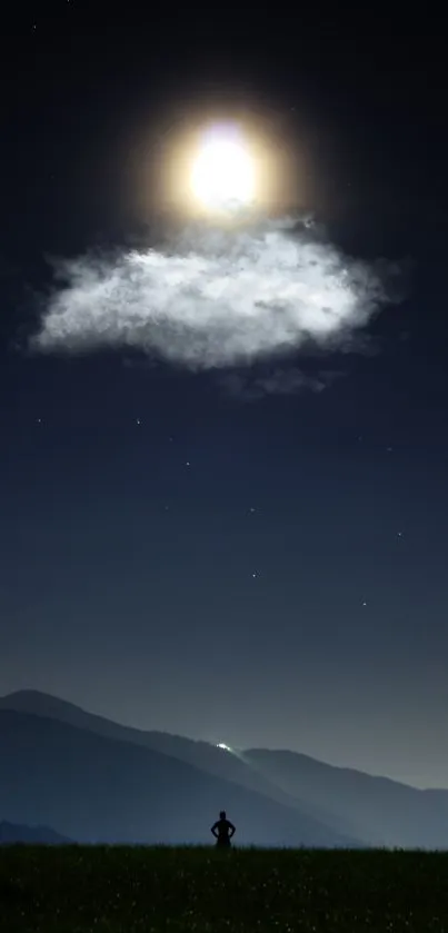 Tranquil night landscape with moon and mountains.