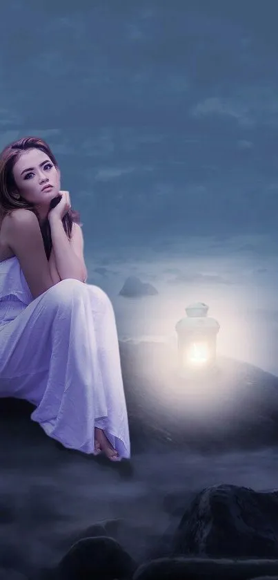 Woman beside lantern on misty rocks under a blue night sky.