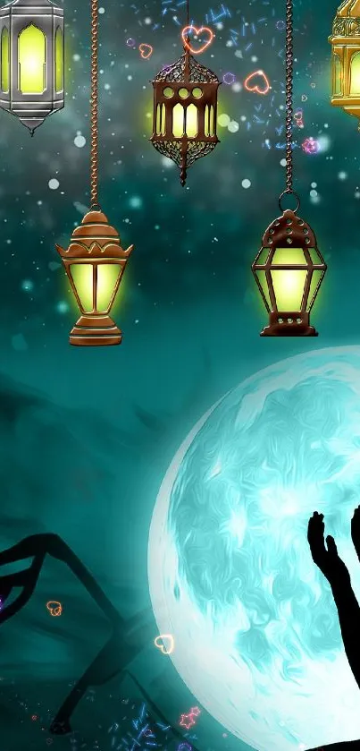 Artistic night scene with lanterns and a large glowing moon in the background.