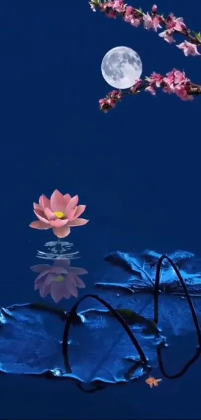 Lotus flower on water with moonlit background.