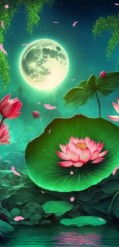 Lotus pond under a moonlit sky with vibrant greens and pinks.