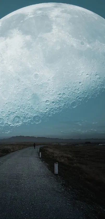 Serene night with giant moon over a quiet road.