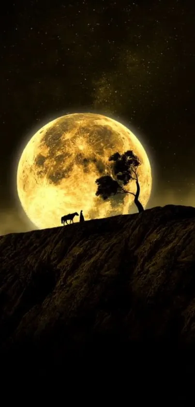 Moonlit landscape with tree and animal silhouette on rocky terrain.