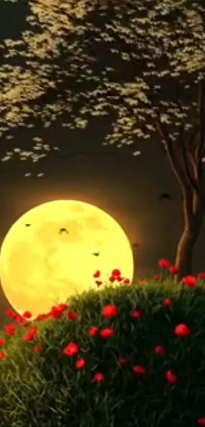 Full moon and tree at night with flowers on mobile wallpaper.