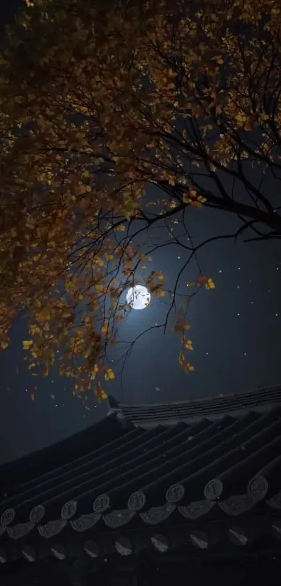 Night scene with moon, tree, and traditional roof.