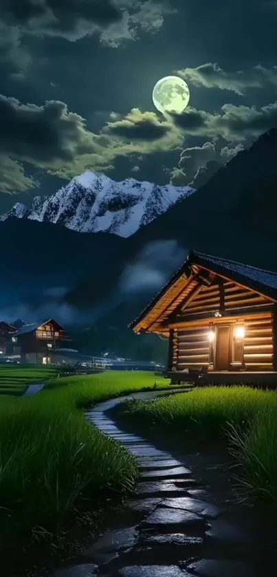 Cozy cabin under moonlit night sky in mountain landscape.