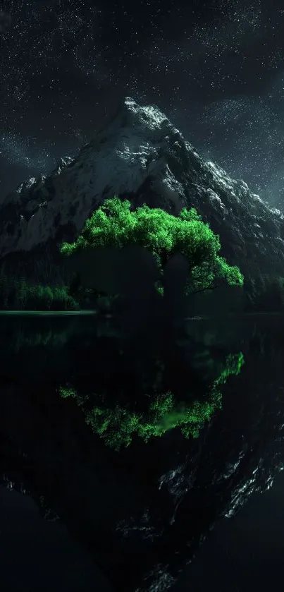 Mountain and tree reflecting in lake under starry night sky.