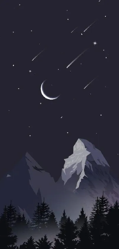 Night mountain wallpaper with crescent moon and stars.