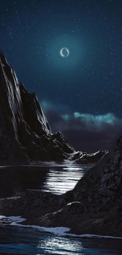 Serene night mountain scene with moonlit water and towering peaks.