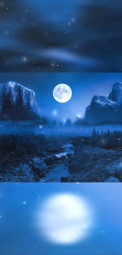 Serene night time mountain landscape with a full moon and river vista.