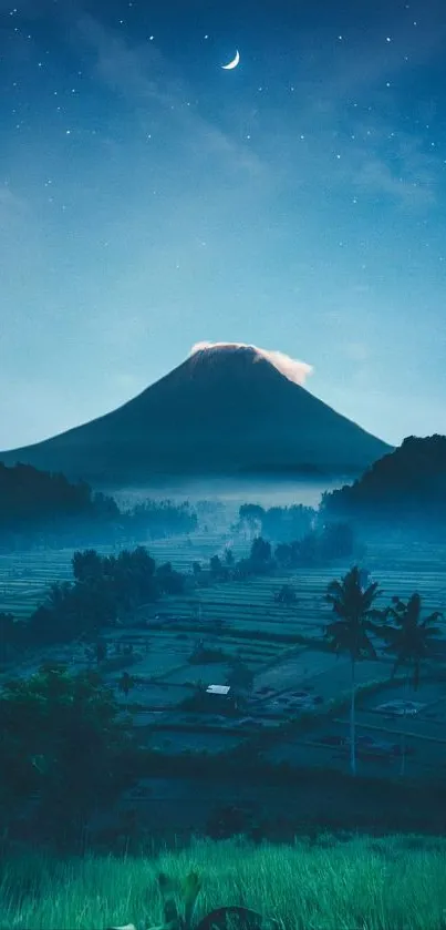 Serene mountain landscape under starry night sky with crescent moon.