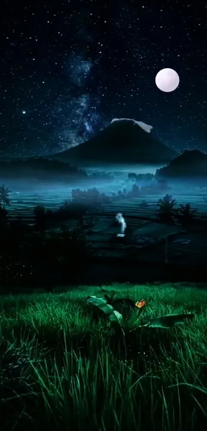 A serene mountain landscape at night under a starry sky with a bright moon.