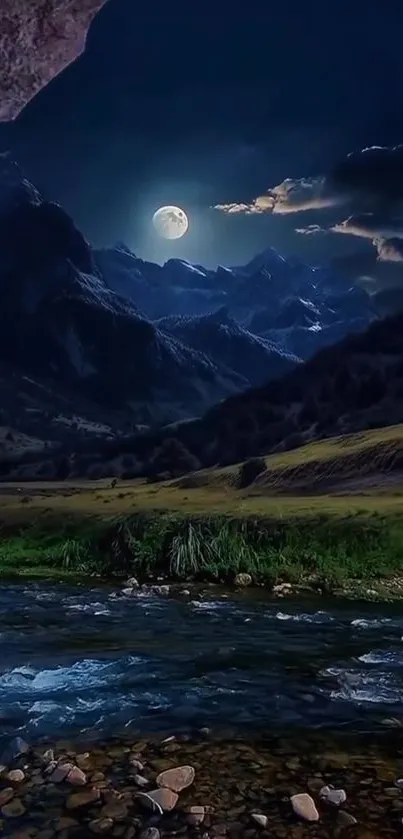 Serene night mountain scene with moonlit sky and peaceful river.