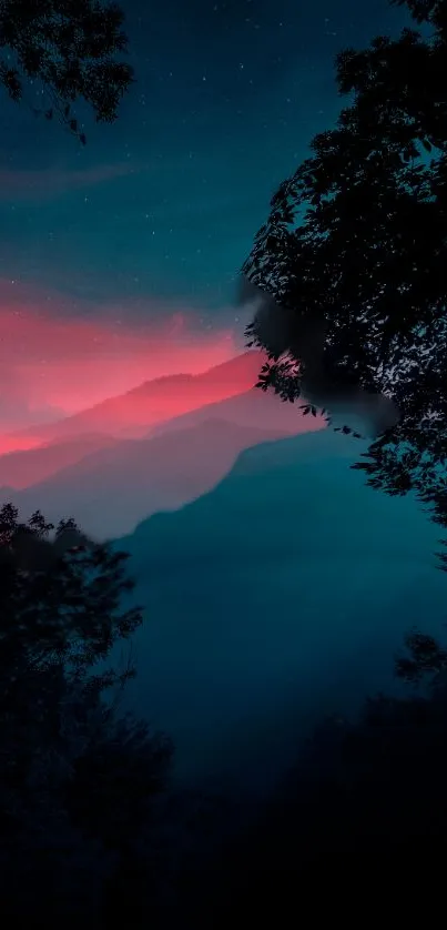 Night mountain scene with teal and pink tones and silhouetted trees.