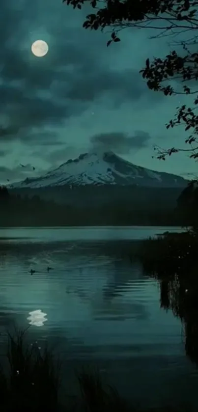 Moonlit mountain lake with dark teal sky and serene reflections.