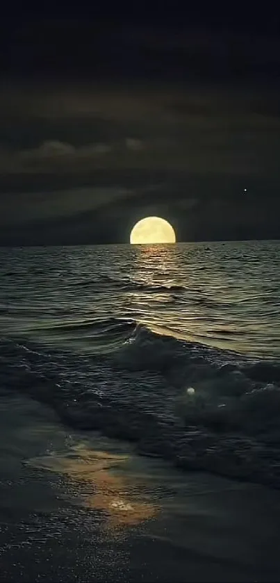 Nighttime ocean with moonlit waves and a full moon rising.