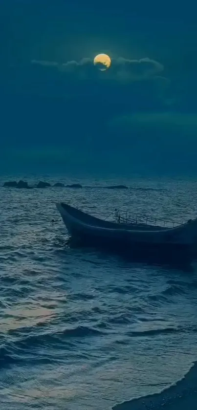 Moonlit ocean scene with a solitary boat.