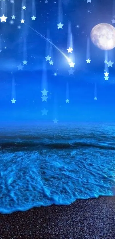 Serene night ocean with moon and stars in a tranquil seascape.