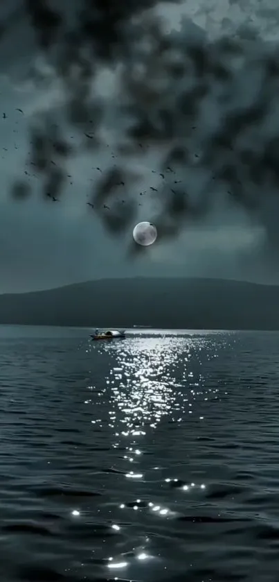 A serene moonlit lake at night with a small boat under a cloudy sky.