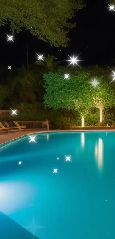 Serene poolside at night with ambient lighting and clear blue water.