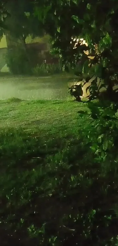 Lush green landscape at night in rain.