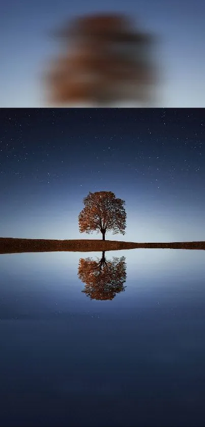 Serene night scene with tree reflecting in calm lake under a starry sky.